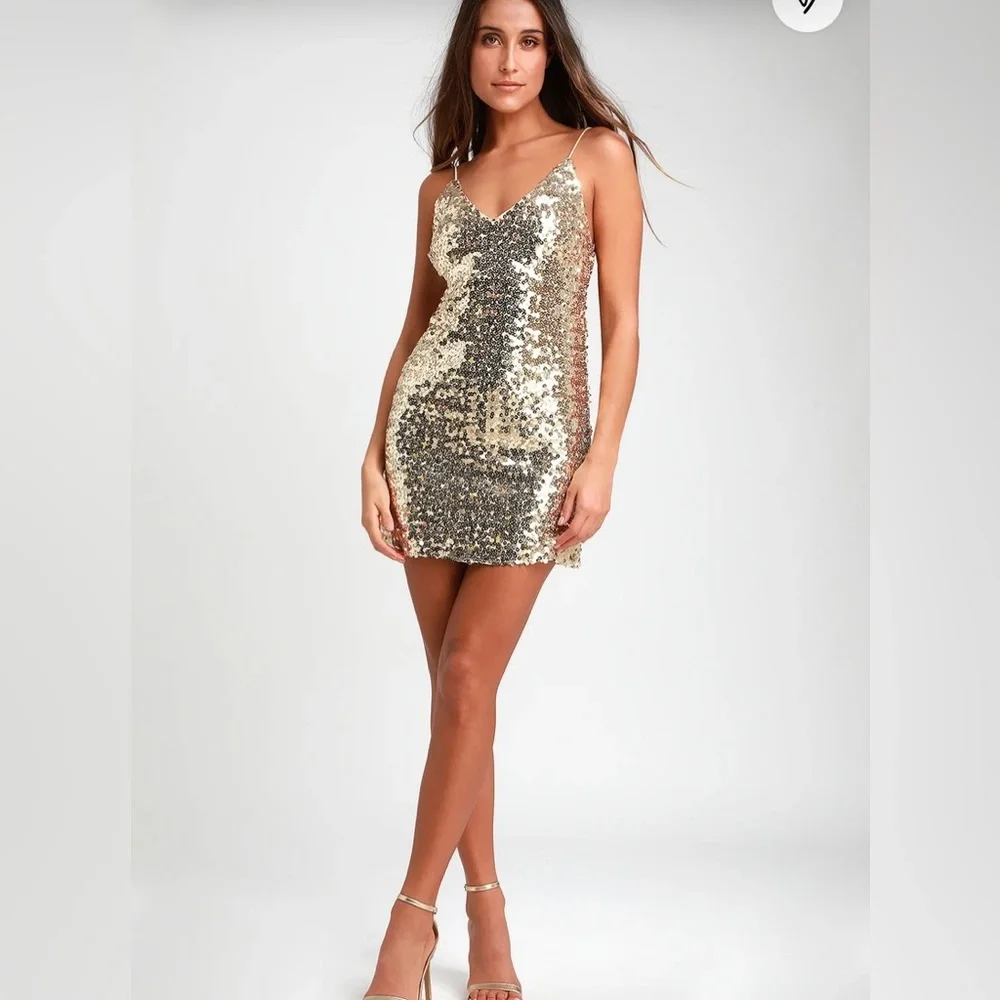 NWT Lulus gold sequined mini dress with open back, Sz. Large. - Picture 3 of 6